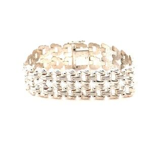 Vintage Sterling Silver 925 Double Row Gate Link Bracelet 7.25in Wide Textured